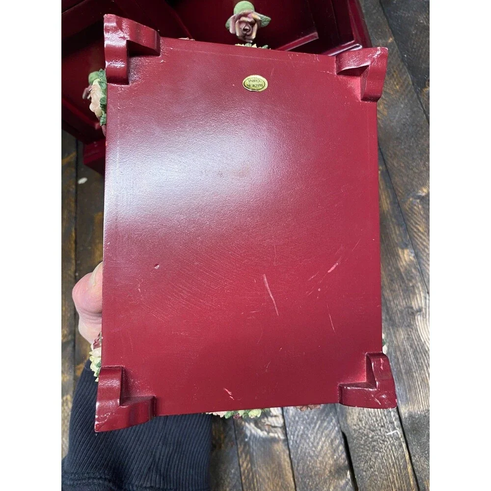 Set 2 Red Wood 4 Drawer Jewelry Chest With Resin Flowers And Trinket Photo Box